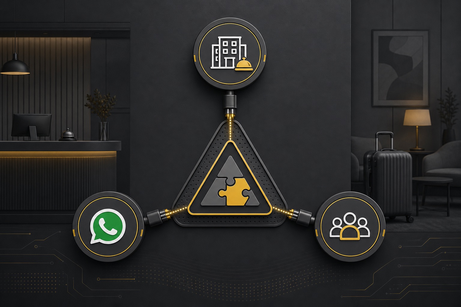 Diagrama: WhatsApp Meta, PMS/reservas e CRM do hotel